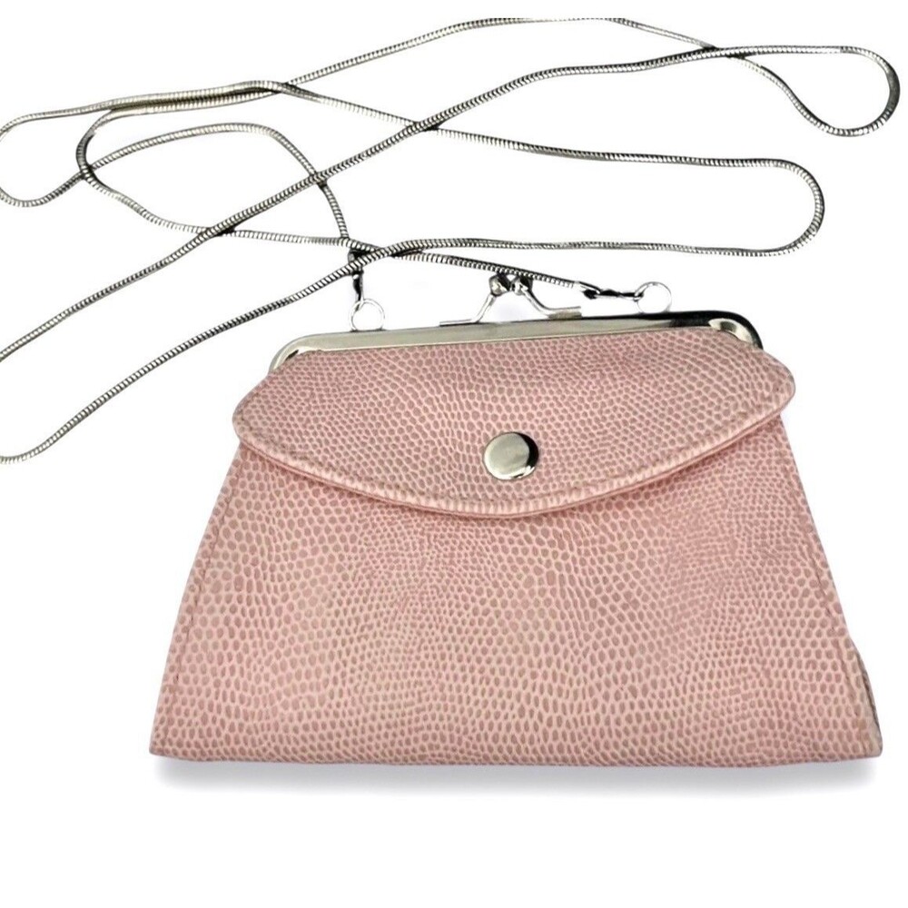 Old Navy Faux Snake Skin Clutch Purse w/ Long Silver Chain Strap 6” Light Pink